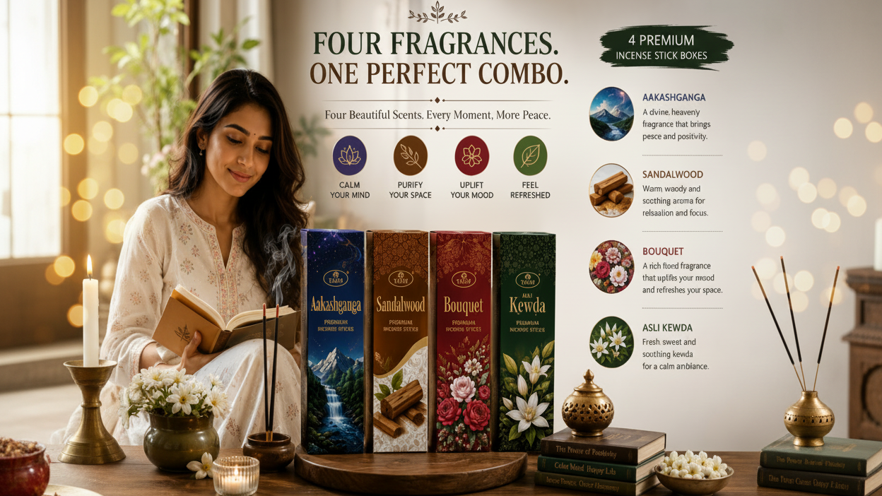 one box of Aakashganga + one box of Sandalwood + one box of Bouquet + one box of Alsi Kedwa