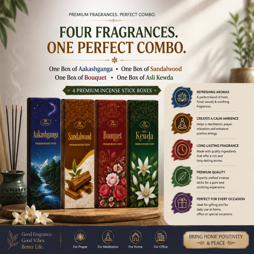 one box of Aakashganga + one box of Sandalwood + one box of Bouquet + one box of Alsi Kedwa